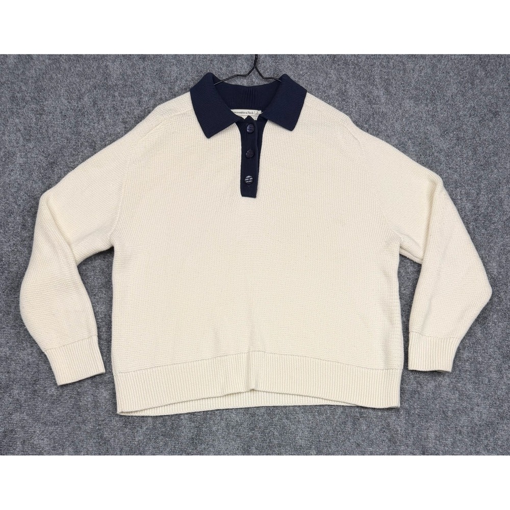 Abercrombie & Fitch Mens Large Cream Navy Blue Knit Polo Sweater Long Sleeve
